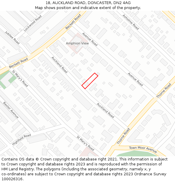 18, AUCKLAND ROAD, DONCASTER, DN2 4AG: Location map and indicative extent of plot