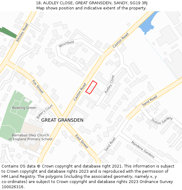18, AUDLEY CLOSE, GREAT GRANSDEN, SANDY, SG19 3RJ: Location map and indicative extent of plot