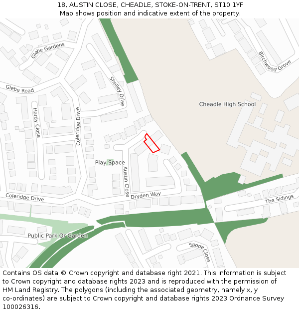 18, AUSTIN CLOSE, CHEADLE, STOKE-ON-TRENT, ST10 1YF: Location map and indicative extent of plot