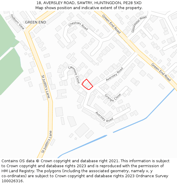 18, AVERSLEY ROAD, SAWTRY, HUNTINGDON, PE28 5XD: Location map and indicative extent of plot