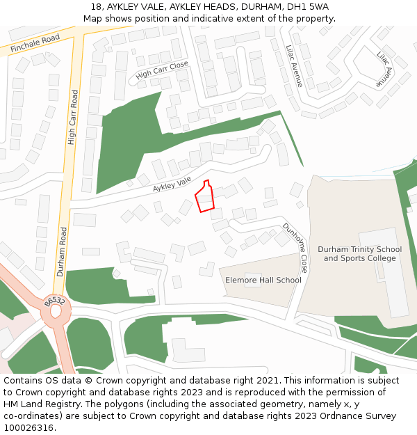 18, AYKLEY VALE, AYKLEY HEADS, DURHAM, DH1 5WA: Location map and indicative extent of plot