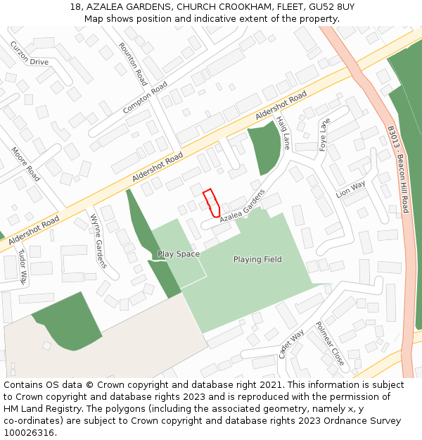 18, AZALEA GARDENS, CHURCH CROOKHAM, FLEET, GU52 8UY: Location map and indicative extent of plot