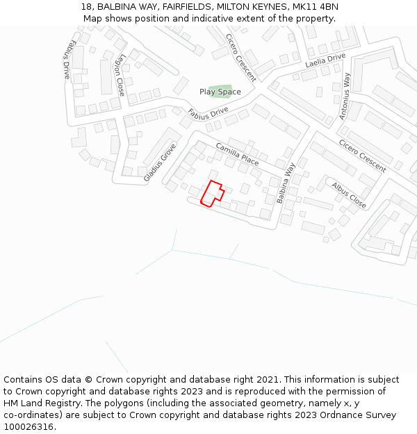 18, BALBINA WAY, FAIRFIELDS, MILTON KEYNES, MK11 4BN: Location map and indicative extent of plot