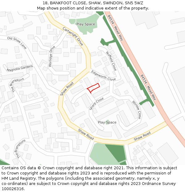 18, BANKFOOT CLOSE, SHAW, SWINDON, SN5 5WZ: Location map and indicative extent of plot