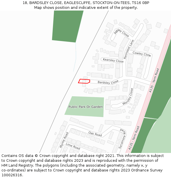 18, BARDSLEY CLOSE, EAGLESCLIFFE, STOCKTON-ON-TEES, TS16 0BP: Location map and indicative extent of plot