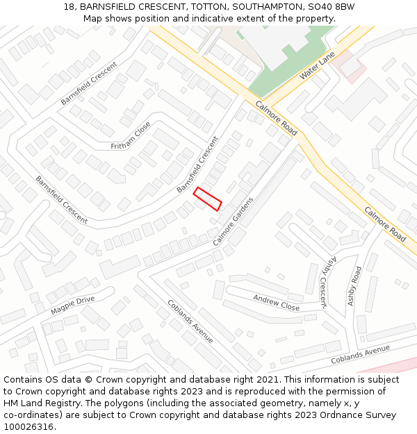 18, BARNSFIELD CRESCENT, TOTTON, SOUTHAMPTON, SO40 8BW: Location map and indicative extent of plot