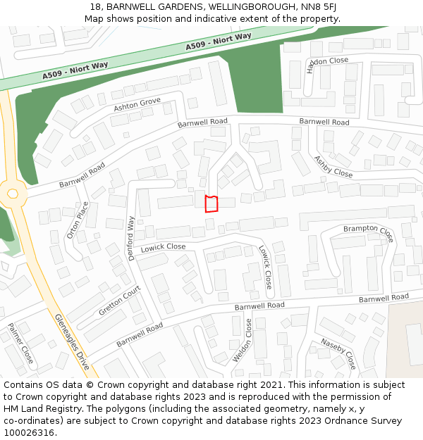 18, BARNWELL GARDENS, WELLINGBOROUGH, NN8 5FJ: Location map and indicative extent of plot