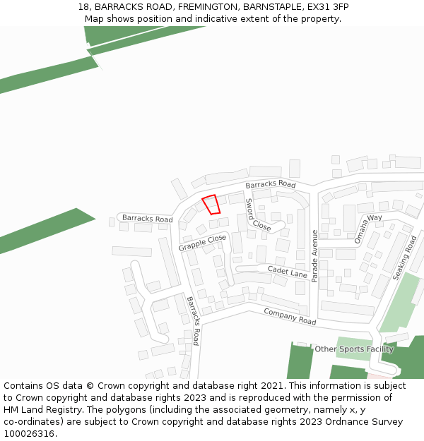 18, BARRACKS ROAD, FREMINGTON, BARNSTAPLE, EX31 3FP: Location map and indicative extent of plot