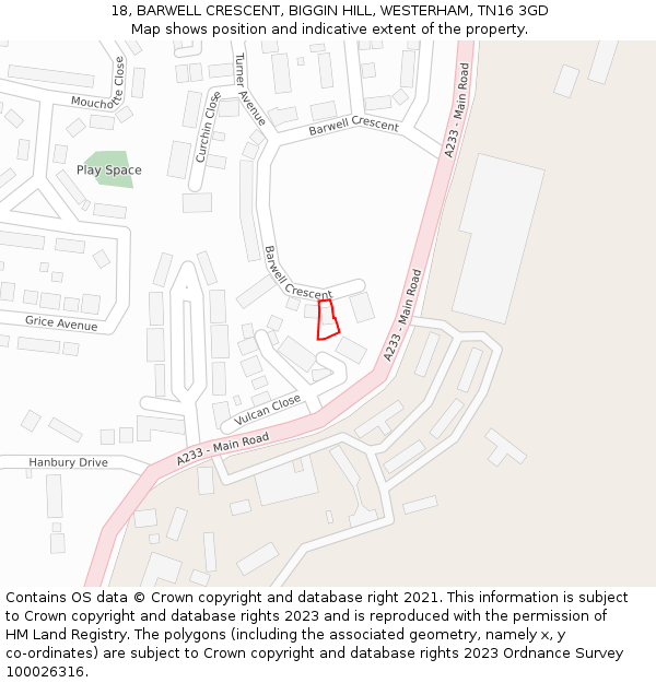 18, BARWELL CRESCENT, BIGGIN HILL, WESTERHAM, TN16 3GD: Location map and indicative extent of plot