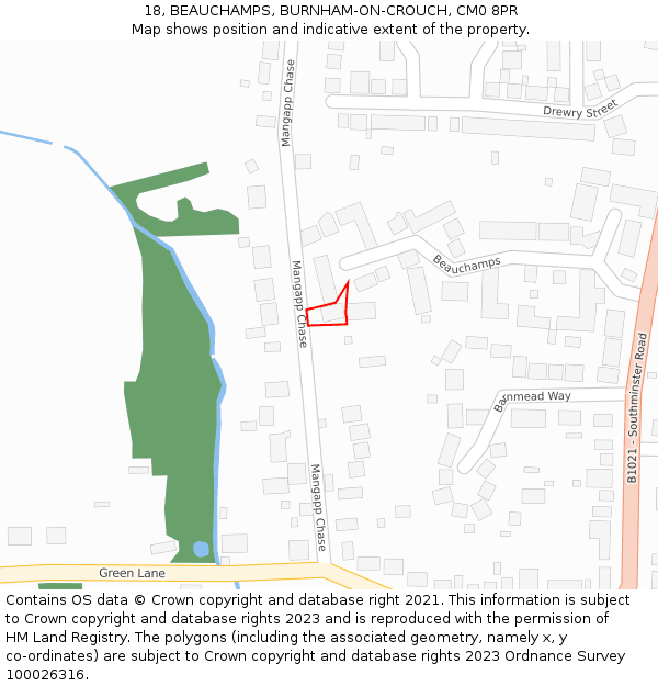 18, BEAUCHAMPS, BURNHAM-ON-CROUCH, CM0 8PR: Location map and indicative extent of plot