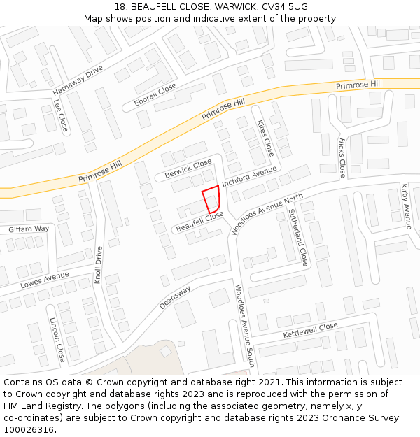 18, BEAUFELL CLOSE, WARWICK, CV34 5UG: Location map and indicative extent of plot