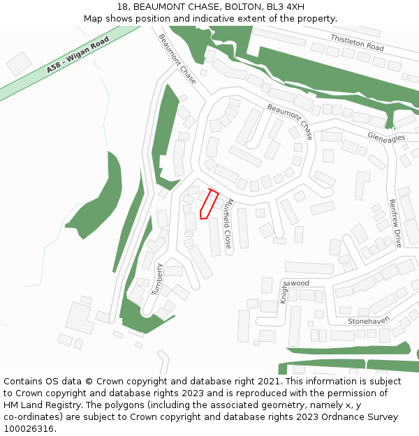 18, BEAUMONT CHASE, BOLTON, BL3 4XH: Location map and indicative extent of plot