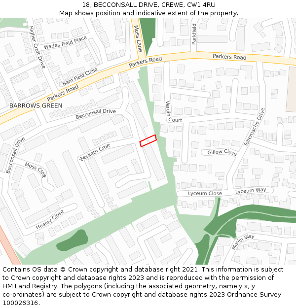 18, BECCONSALL DRIVE, CREWE, CW1 4RU: Location map and indicative extent of plot