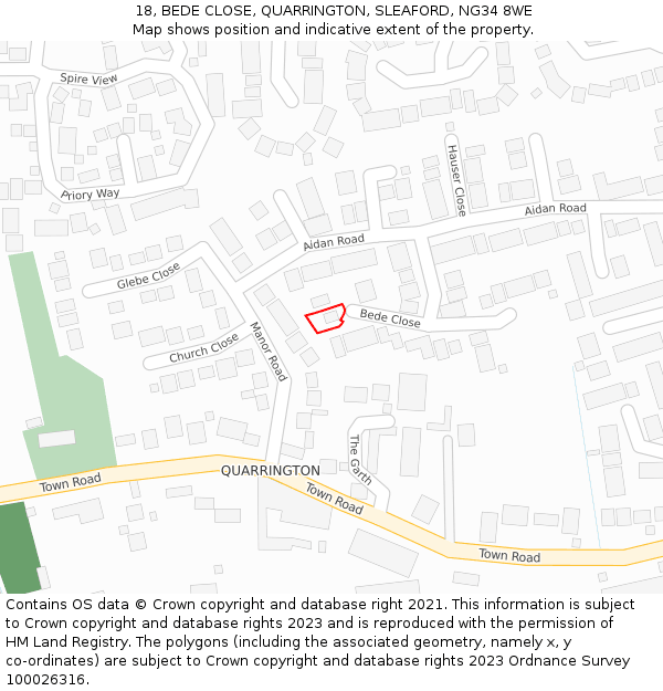 18, BEDE CLOSE, QUARRINGTON, SLEAFORD, NG34 8WE: Location map and indicative extent of plot