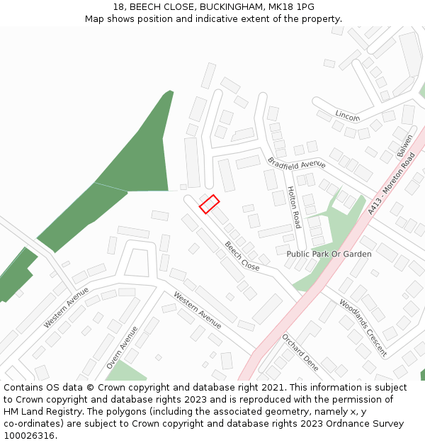 18, BEECH CLOSE, BUCKINGHAM, MK18 1PG: Location map and indicative extent of plot