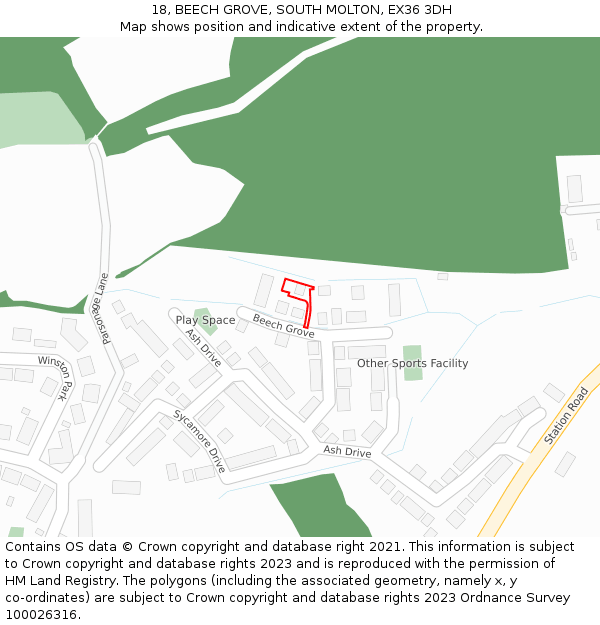 18, BEECH GROVE, SOUTH MOLTON, EX36 3DH: Location map and indicative extent of plot