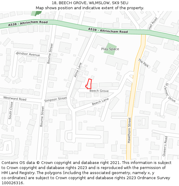 18, BEECH GROVE, WILMSLOW, SK9 5EU: Location map and indicative extent of plot