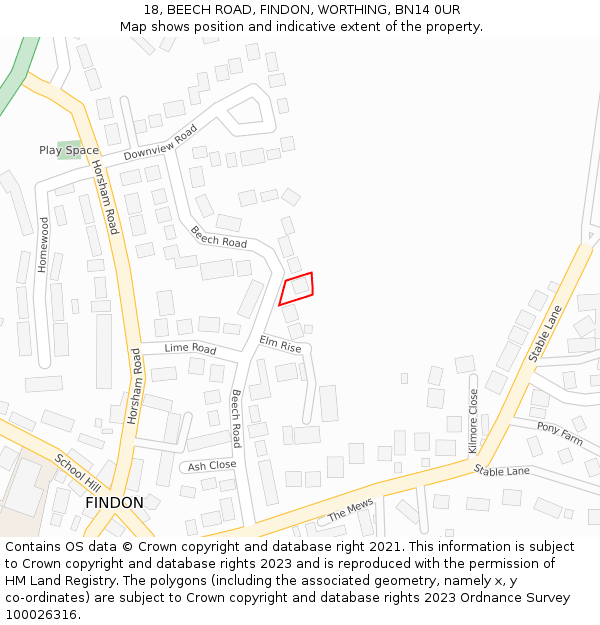 18, BEECH ROAD, FINDON, WORTHING, BN14 0UR: Location map and indicative extent of plot