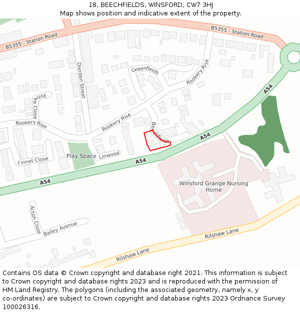 18, BEECHFIELDS, WINSFORD, CW7 3HJ: Location map and indicative extent of plot