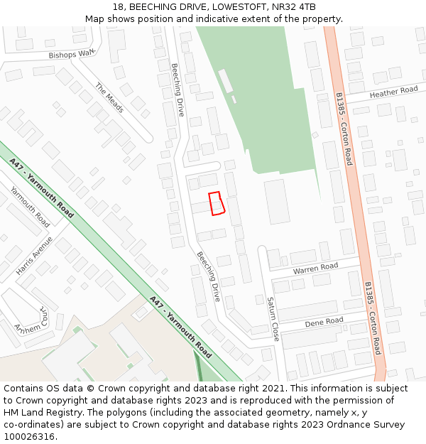 18, BEECHING DRIVE, LOWESTOFT, NR32 4TB: Location map and indicative extent of plot