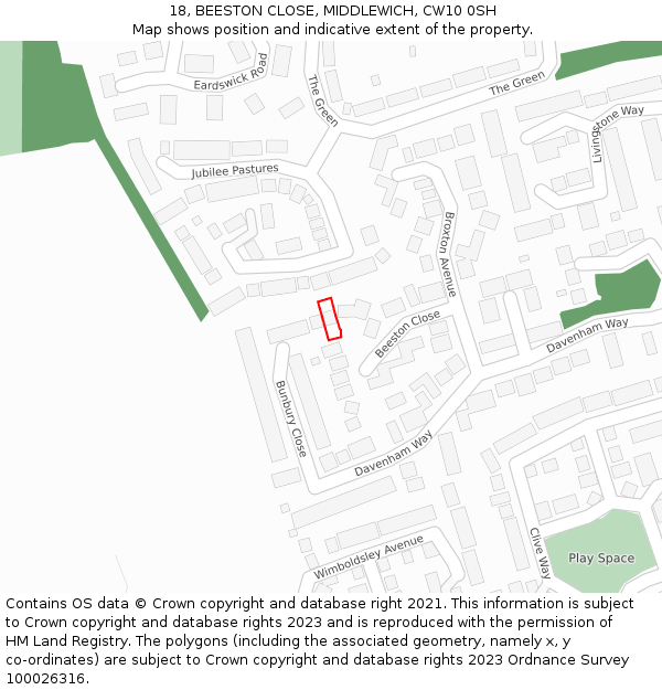 18, BEESTON CLOSE, MIDDLEWICH, CW10 0SH: Location map and indicative extent of plot