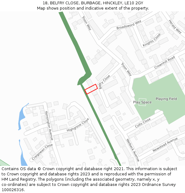 18, BELFRY CLOSE, BURBAGE, HINCKLEY, LE10 2GY: Location map and indicative extent of plot