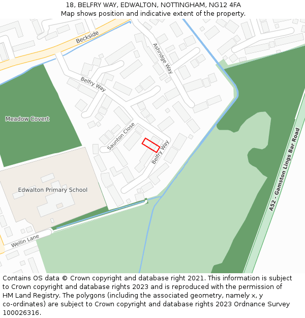 18, BELFRY WAY, EDWALTON, NOTTINGHAM, NG12 4FA: Location map and indicative extent of plot