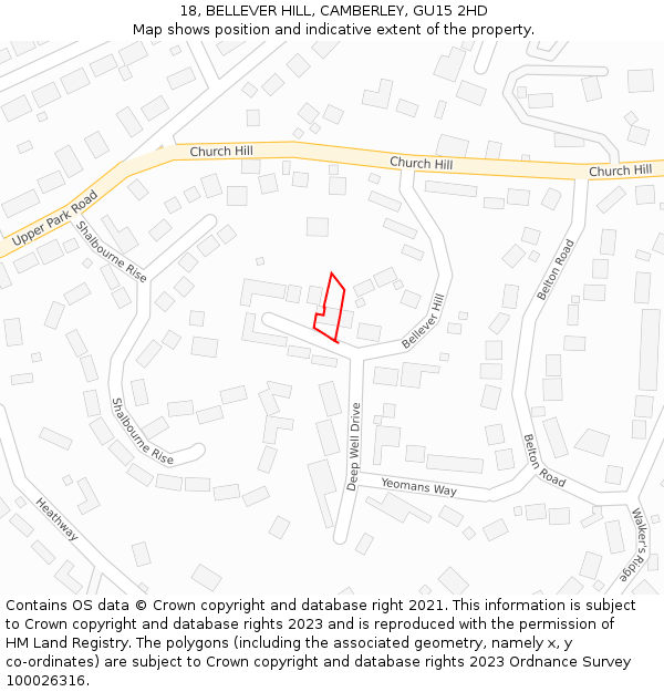 18, BELLEVER HILL, CAMBERLEY, GU15 2HD: Location map and indicative extent of plot