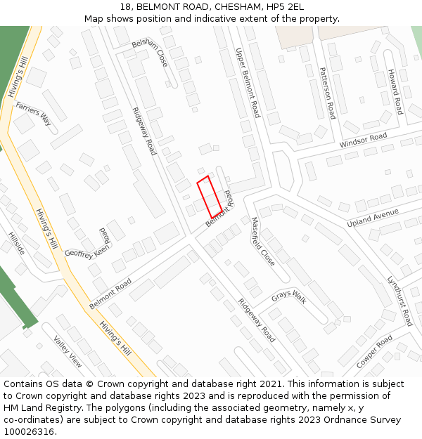 18, BELMONT ROAD, CHESHAM, HP5 2EL: Location map and indicative extent of plot