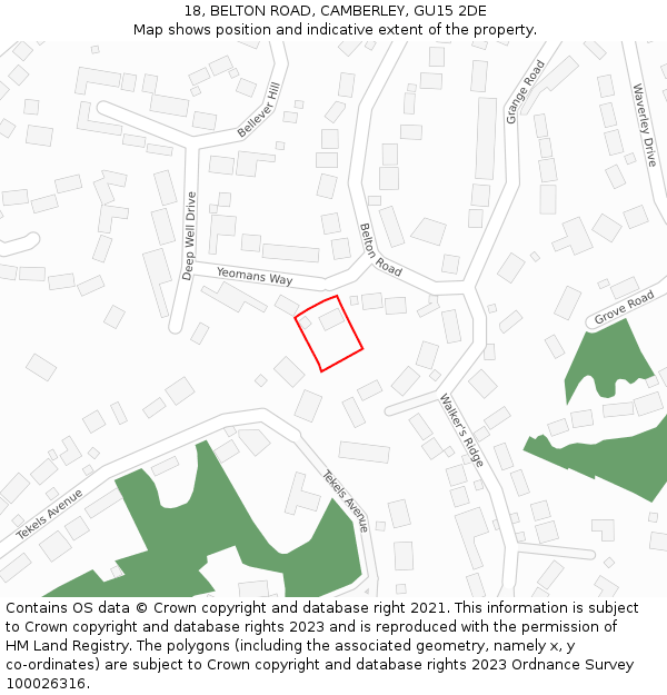 18, BELTON ROAD, CAMBERLEY, GU15 2DE: Location map and indicative extent of plot