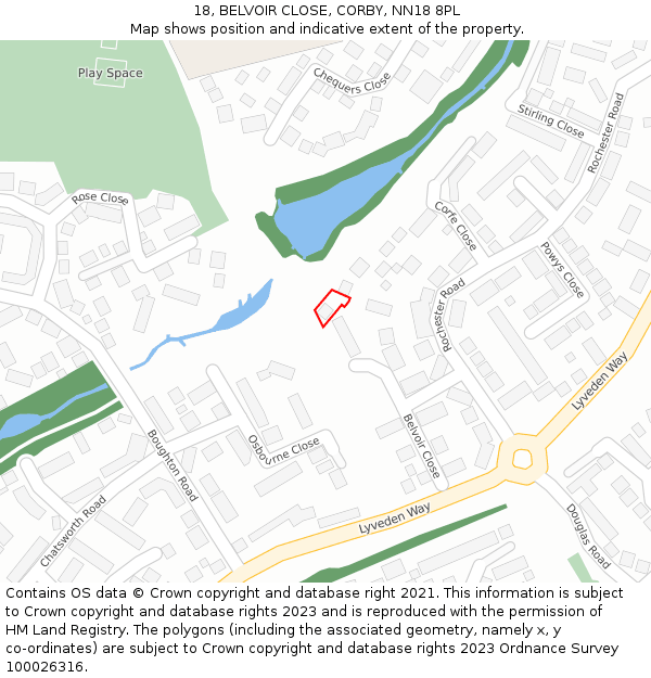 18, BELVOIR CLOSE, CORBY, NN18 8PL: Location map and indicative extent of plot