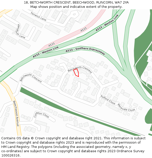 18, BETCHWORTH CRESCENT, BEECHWOOD, RUNCORN, WA7 2YA: Location map and indicative extent of plot