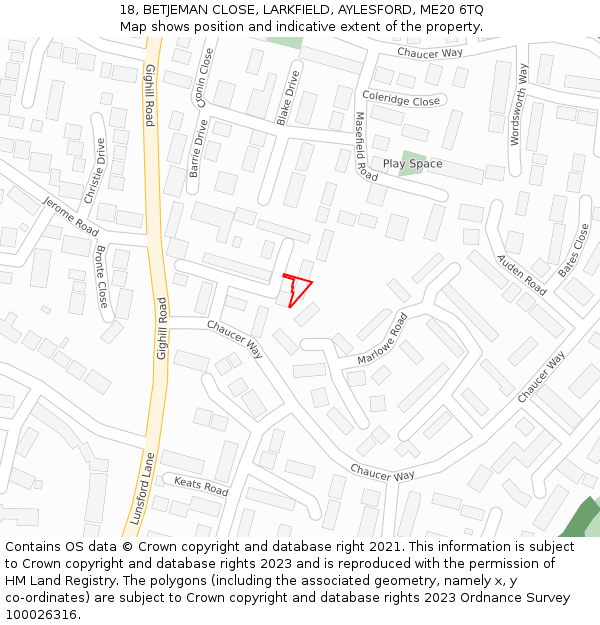 18, BETJEMAN CLOSE, LARKFIELD, AYLESFORD, ME20 6TQ: Location map and indicative extent of plot