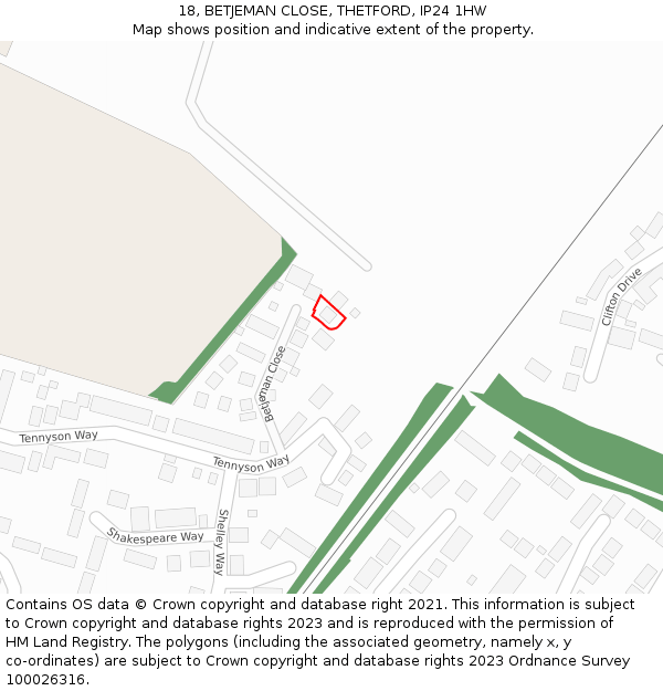 18, BETJEMAN CLOSE, THETFORD, IP24 1HW: Location map and indicative extent of plot