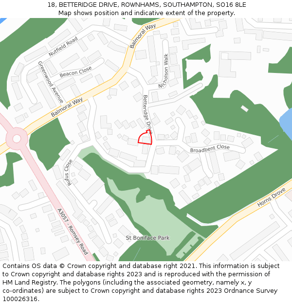 18, BETTERIDGE DRIVE, ROWNHAMS, SOUTHAMPTON, SO16 8LE: Location map and indicative extent of plot