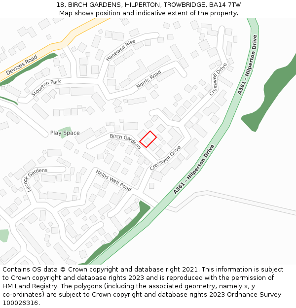 18, BIRCH GARDENS, HILPERTON, TROWBRIDGE, BA14 7TW: Location map and indicative extent of plot