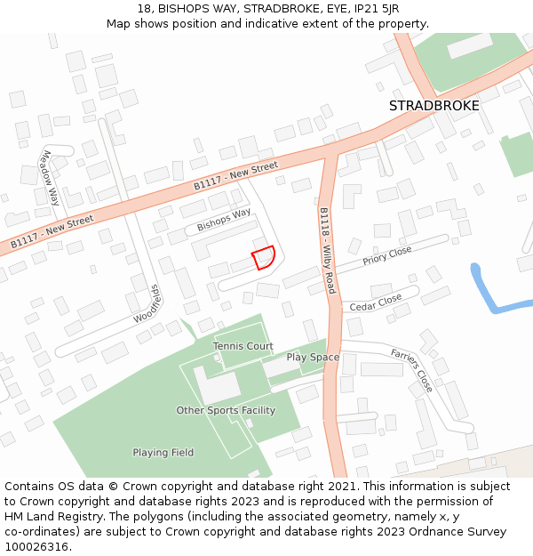 18, BISHOPS WAY, STRADBROKE, EYE, IP21 5JR: Location map and indicative extent of plot