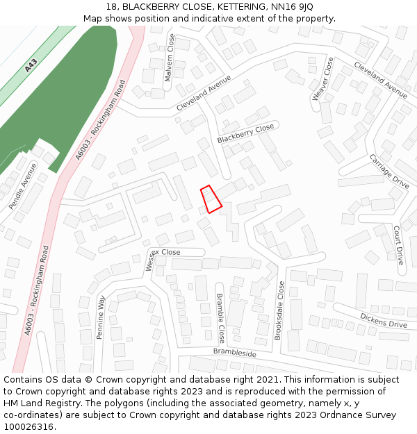 18, BLACKBERRY CLOSE, KETTERING, NN16 9JQ: Location map and indicative extent of plot