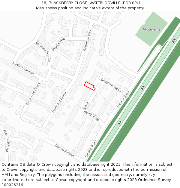 18, BLACKBERRY CLOSE, WATERLOOVILLE, PO8 0PU: Location map and indicative extent of plot