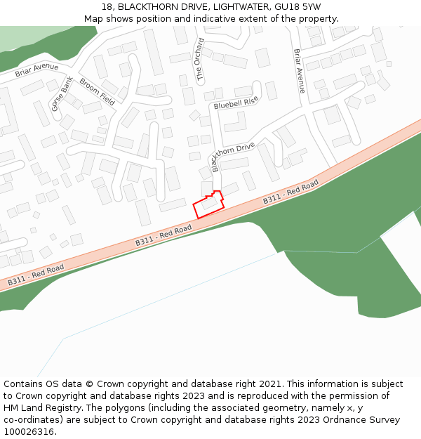 18, BLACKTHORN DRIVE, LIGHTWATER, GU18 5YW: Location map and indicative extent of plot