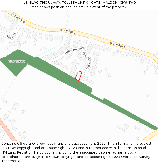 18, BLACKTHORN WAY, TOLLESHUNT KNIGHTS, MALDON, CM9 8WD: Location map and indicative extent of plot