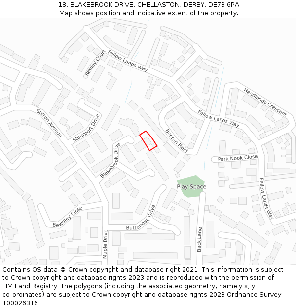 18, BLAKEBROOK DRIVE, CHELLASTON, DERBY, DE73 6PA: Location map and indicative extent of plot