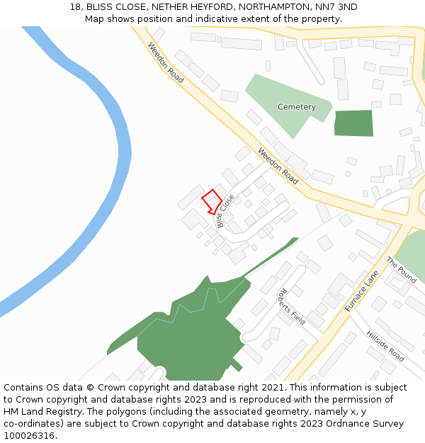 18, BLISS CLOSE, NETHER HEYFORD, NORTHAMPTON, NN7 3ND: Location map and indicative extent of plot