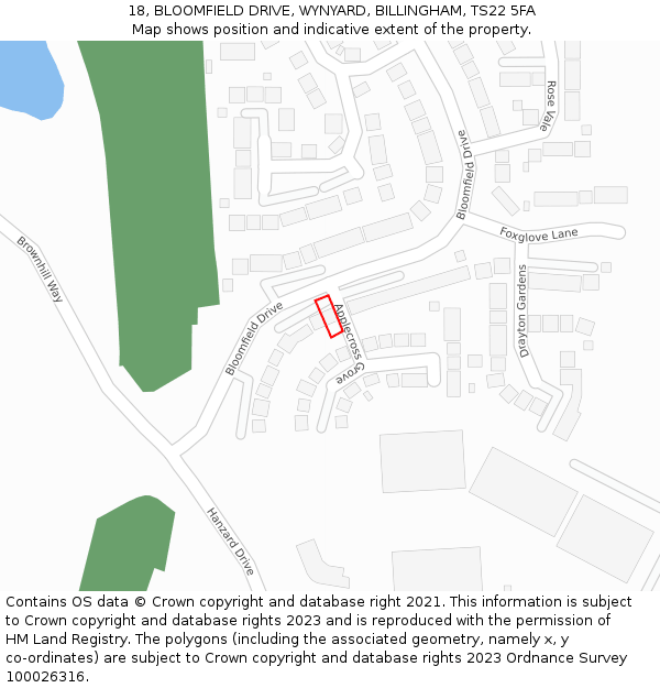 18, BLOOMFIELD DRIVE, WYNYARD, BILLINGHAM, TS22 5FA: Location map and indicative extent of plot