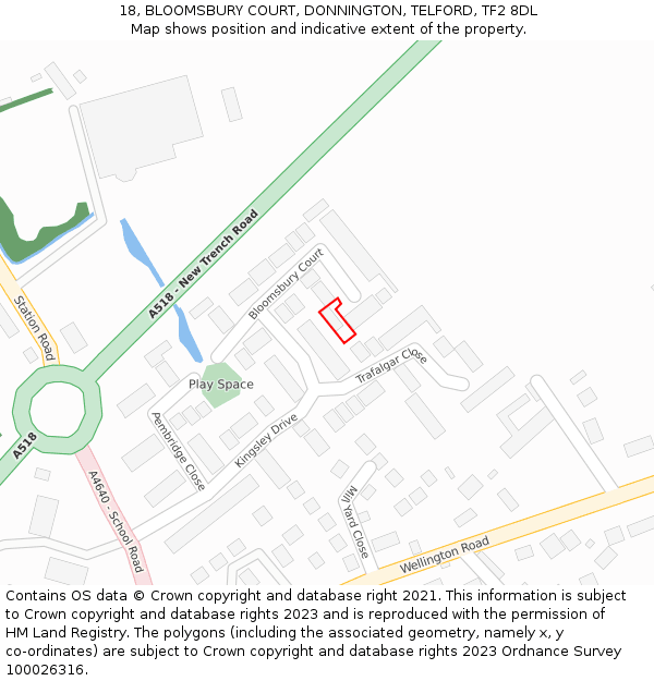 18, BLOOMSBURY COURT, DONNINGTON, TELFORD, TF2 8DL: Location map and indicative extent of plot