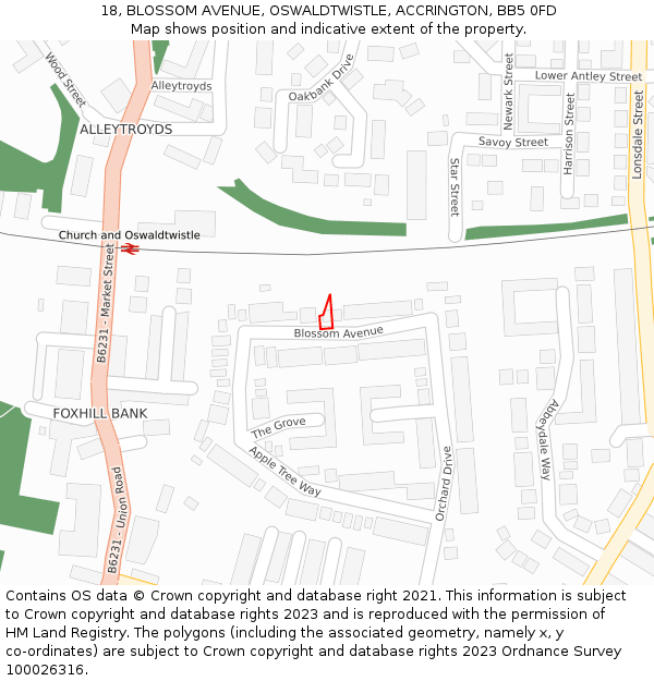 18, BLOSSOM AVENUE, OSWALDTWISTLE, ACCRINGTON, BB5 0FD: Location map and indicative extent of plot