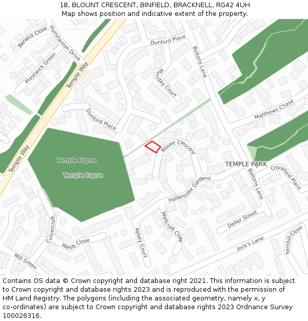 18, BLOUNT CRESCENT, BINFIELD, BRACKNELL, RG42 4UH: Location map and indicative extent of plot