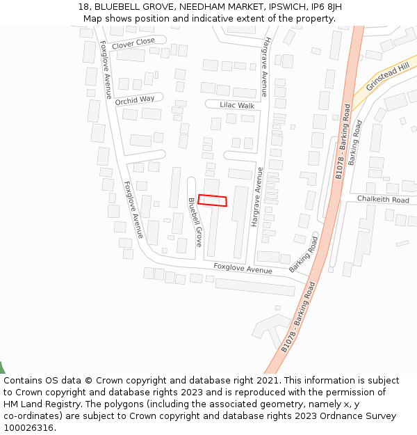 18, BLUEBELL GROVE, NEEDHAM MARKET, IPSWICH, IP6 8JH: Location map and indicative extent of plot