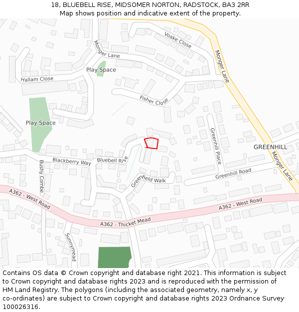 18, BLUEBELL RISE, MIDSOMER NORTON, RADSTOCK, BA3 2RR: Location map and indicative extent of plot