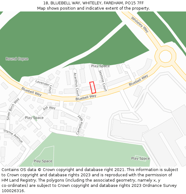 18, BLUEBELL WAY, WHITELEY, FAREHAM, PO15 7FF: Location map and indicative extent of plot